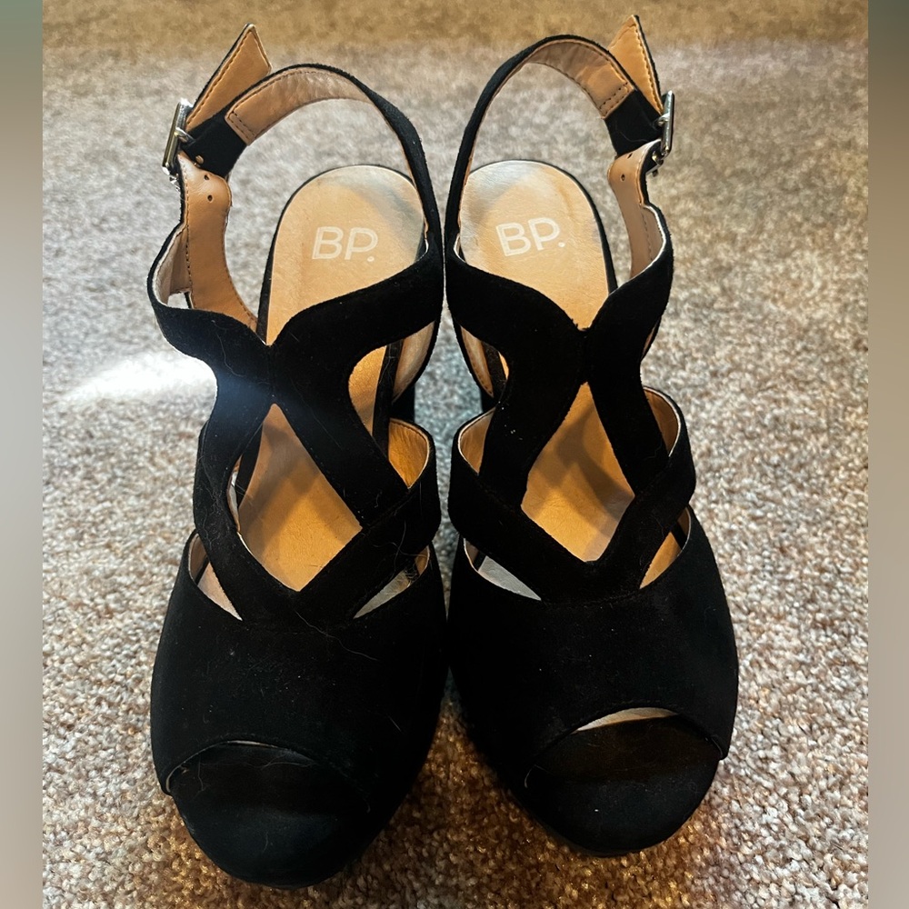 BP Black Peep-Toe Wedge Sandals